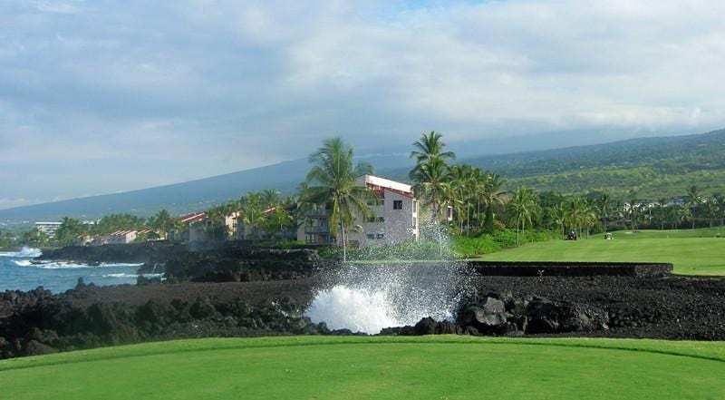 Kona Country Club 13th hole hitting over a blow hole