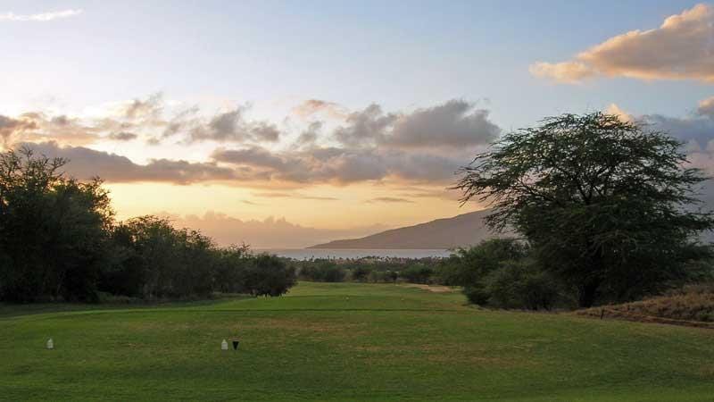 View of Ocean from Elleair Golf Course 18 tee at sunset