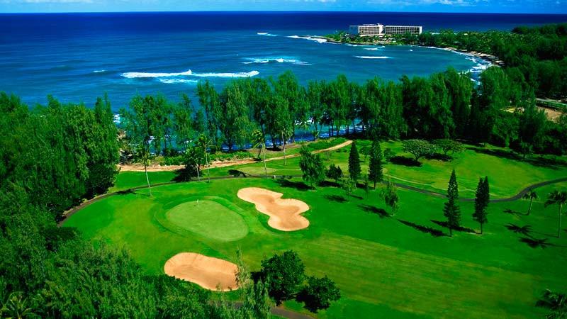 Turtle Bay Fazio aerial view of hole 6-7 and hotel