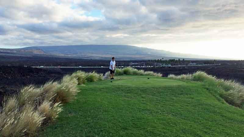 Teeing off the 18th hole at Waikoloa Kings