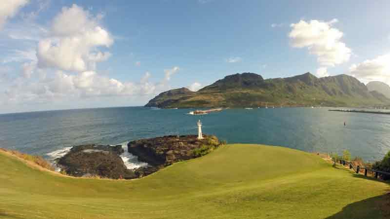 The approach to the fun 16th hole at Hokuala