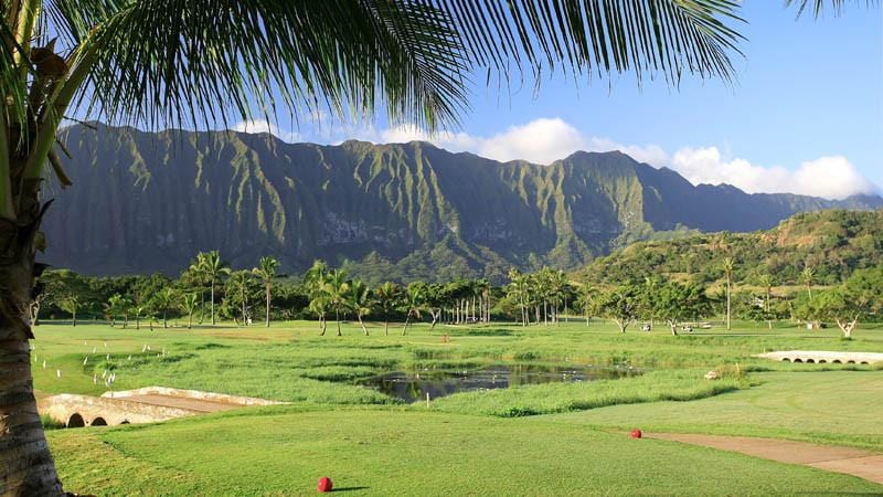 Olomana Golf Links with ponds and great views of mountains